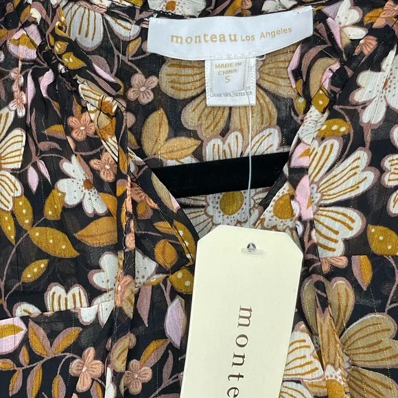 Monteau Sheer Lined Floral Short Waist Small Blouse Shirt NWT - Picture 5 of 5